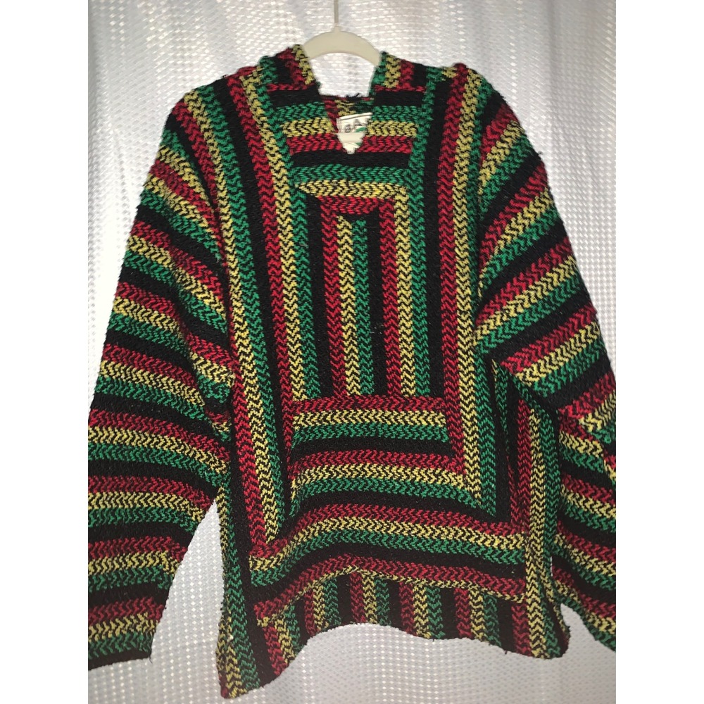 Baja Joe Mens Rasta Striped Mexican Poncho Pullover Hoodie Red Green Yellow XXL